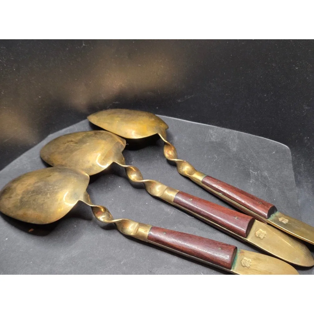 Vintage Thai Bronze Rosewood Serving Set 7pc Gold Goddess Buddha Mid Century